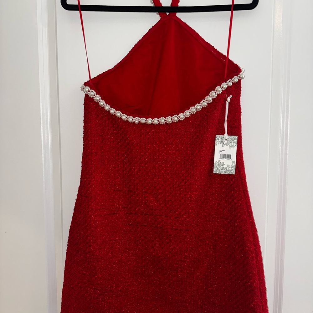 Tuckernuck Hyacinth House Red Tweed Halter Dress Pearl Collar Size Small - Picture 4 of 5